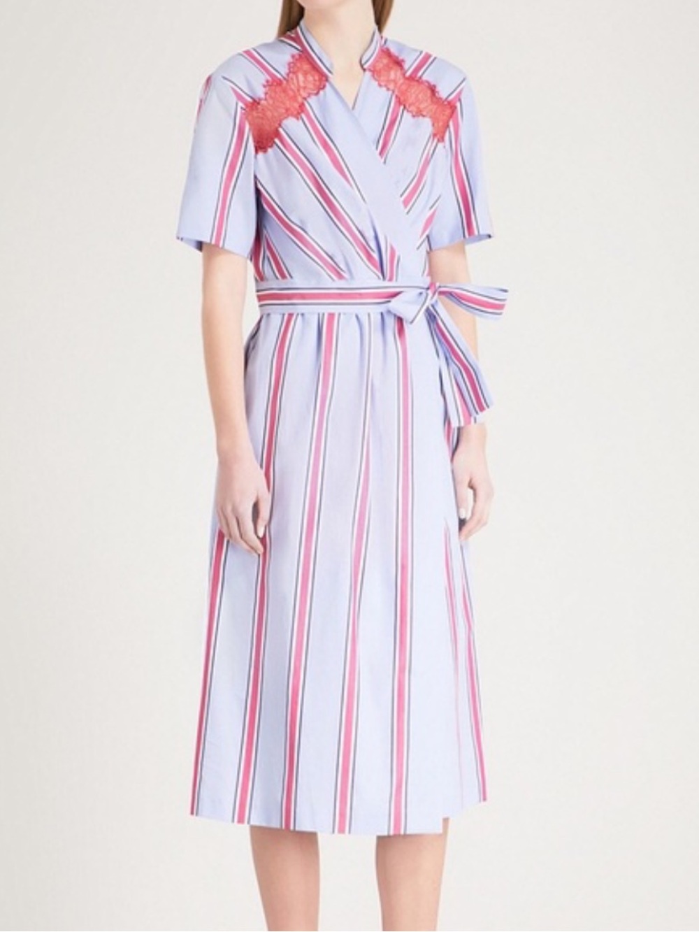 Sandro Blue and Pink Striped Wrap Dress with Lace Trim